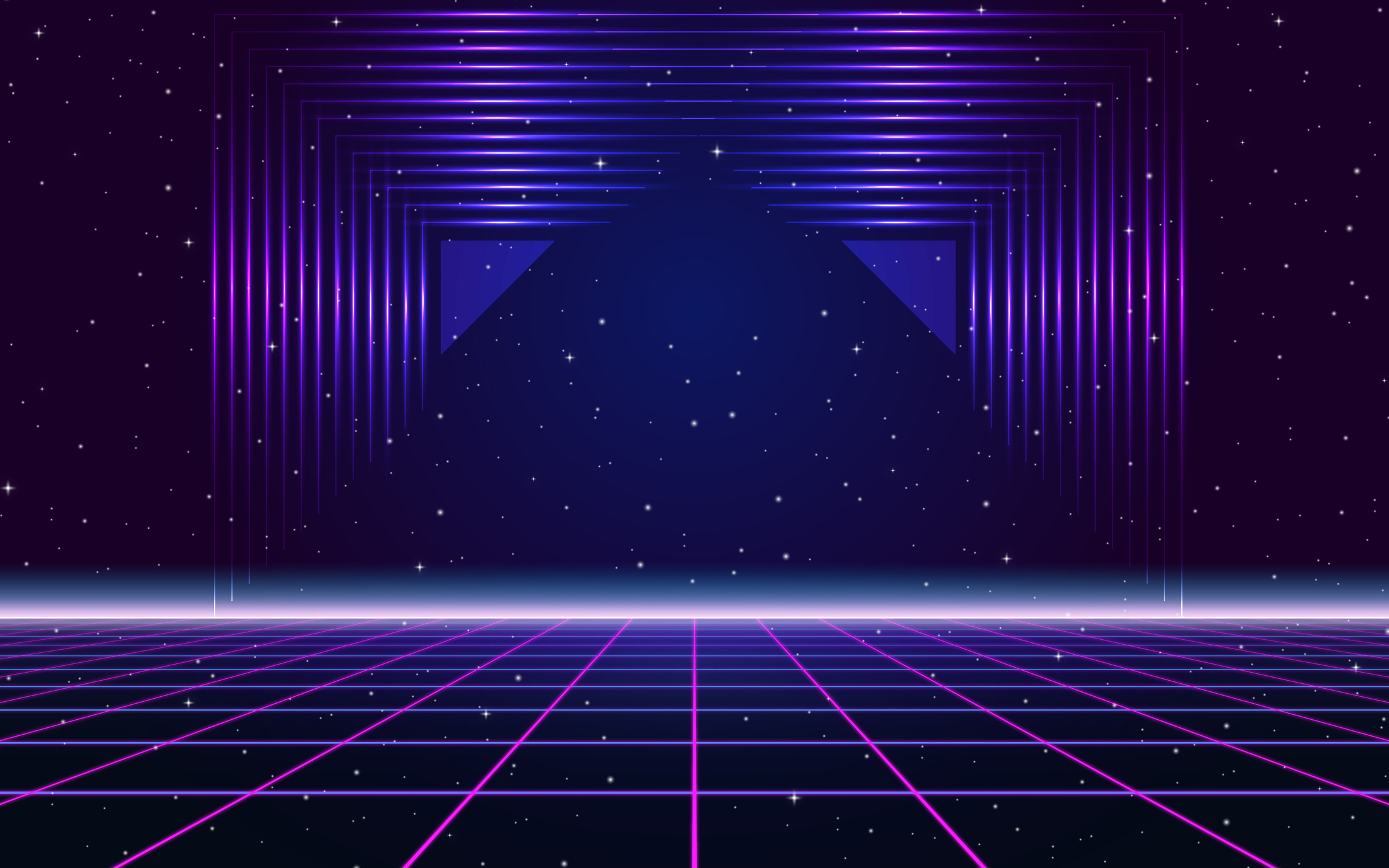 Abstract retro style 80s-90s Sci-Fi background. Laser neon shapes on futuristic grid landscape.